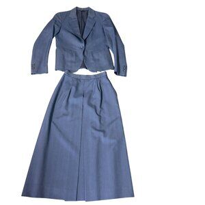 vtg Elizabeth Davidson Blue Wool Skirt Suit Set Blazer Career Workwear Made USA